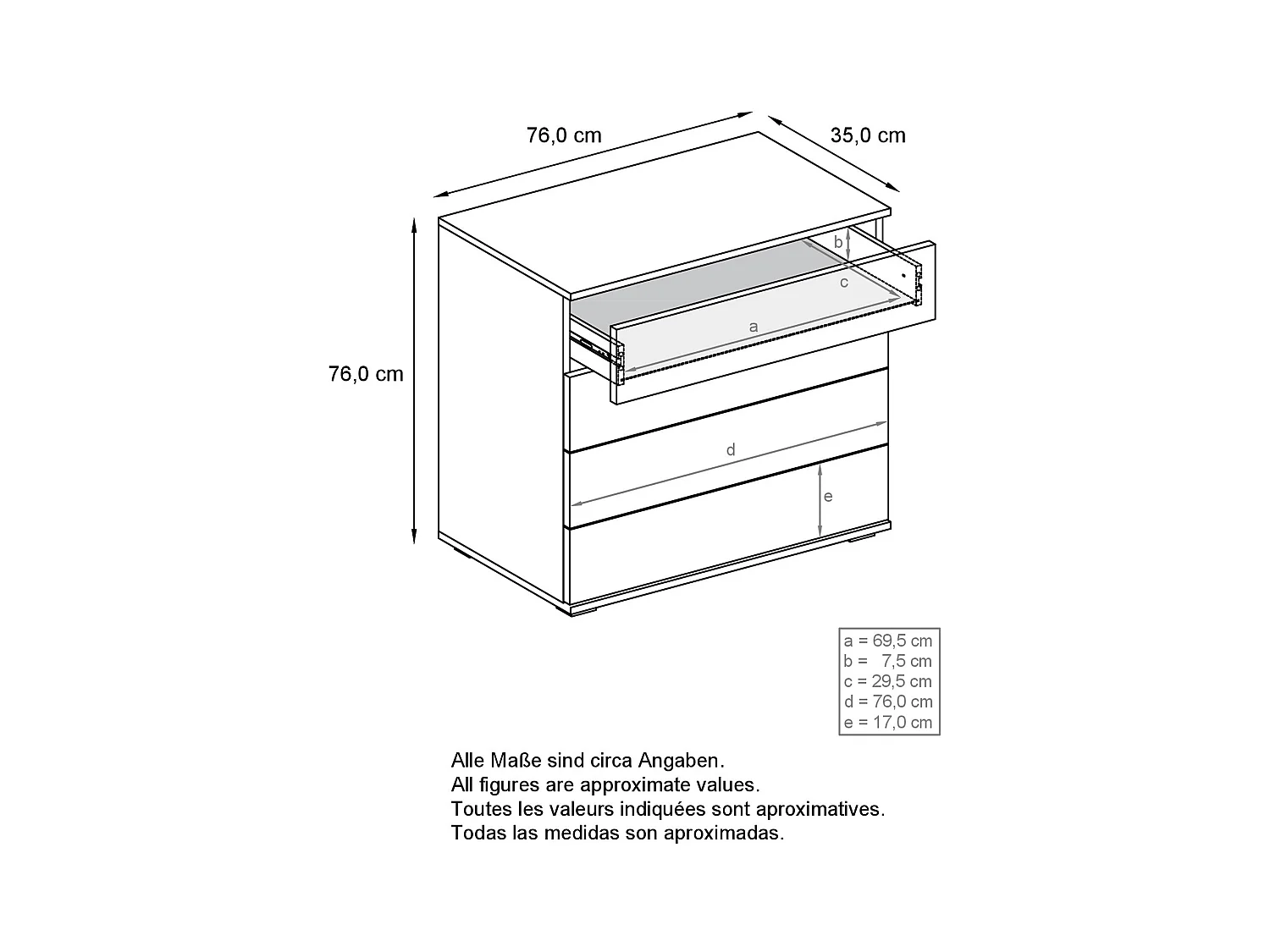 Commode  Pavos V3, Buffet avec 4 tiroirs blanc mat/blanc haute brillance (76 x 76 x 35 cm)