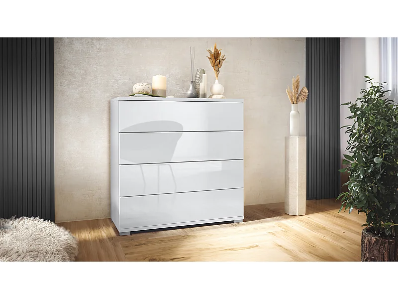 Commode  Pavos V3, Buffet avec 4 tiroirs blanc mat/blanc haute brillance (76 x 76 x 35 cm)
