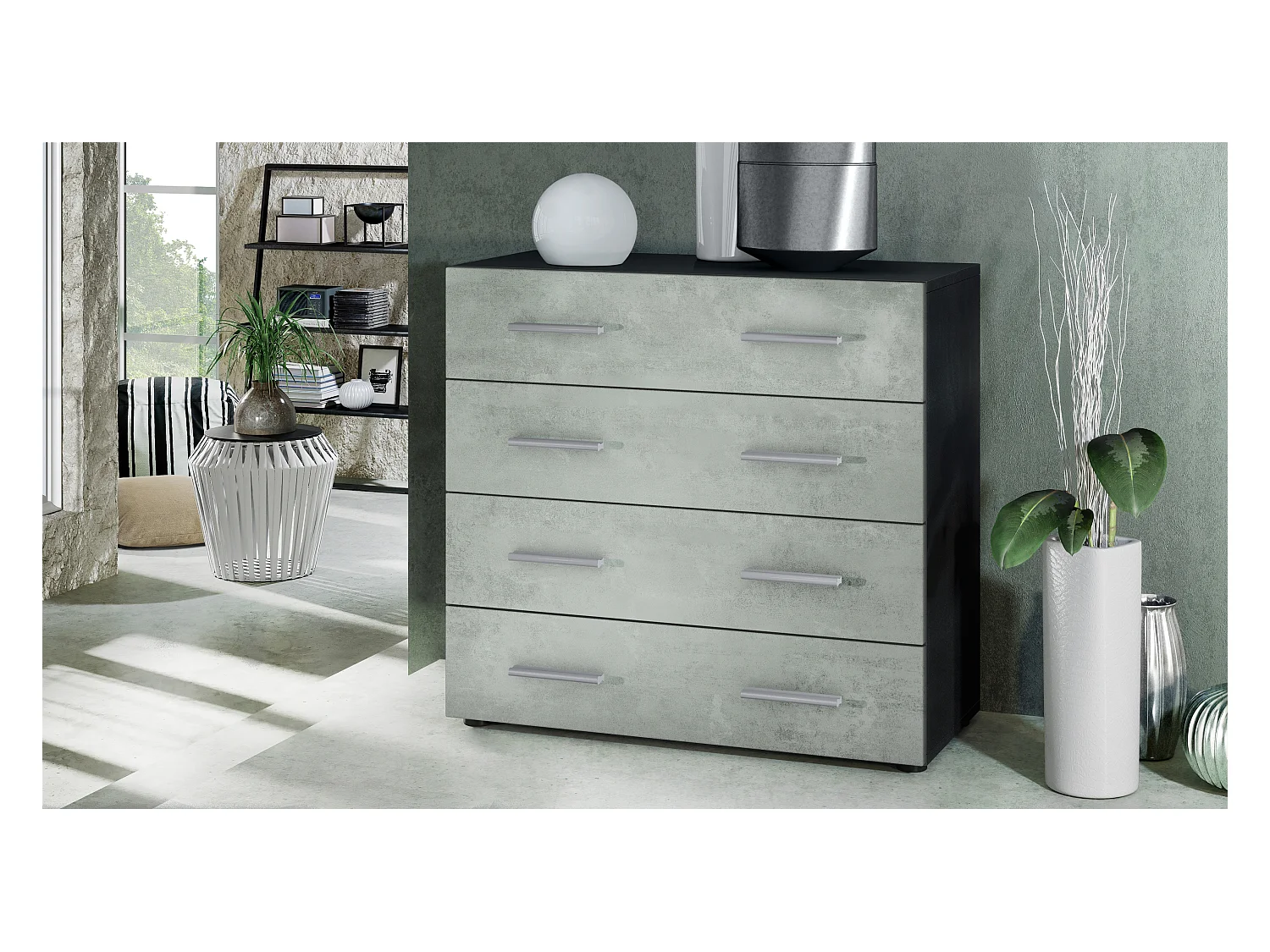 Buffet Pavos, Commode avec 4 tiroirs, noir mat/aspect béton oxyde (76 x 72 x 35 cm)