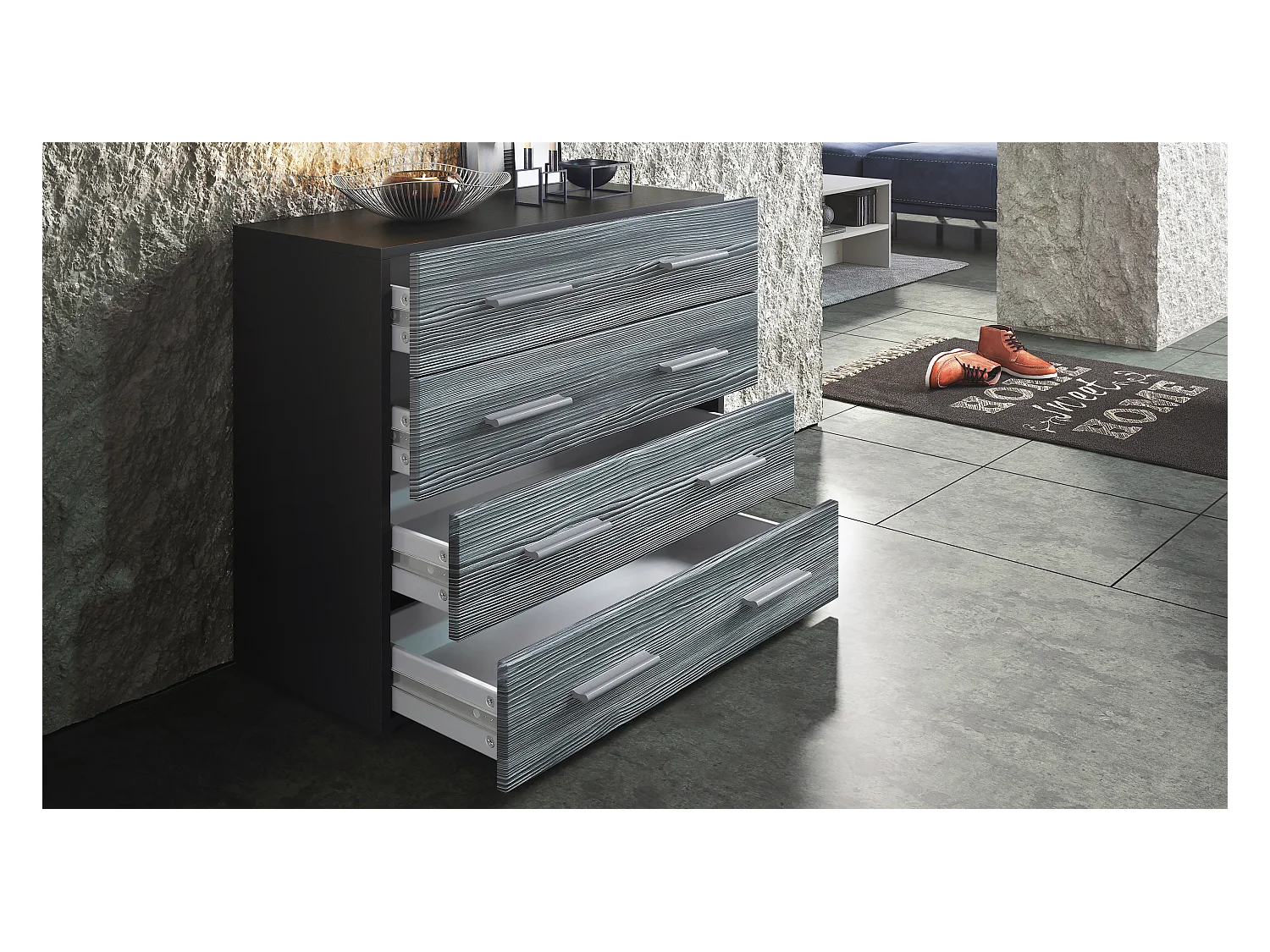 Buffet Pavos, Commode avec 4 tiroirs, noir mat/aspect béton oxyde (76 x 72 x 35 cm)