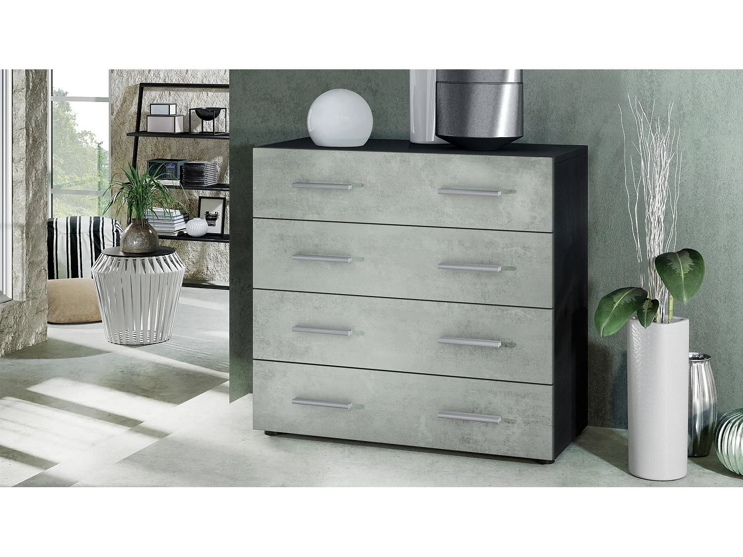 Vladon Madia Pavos, mobile con 4 cassetti, nero opaco/ottica cermento ossido (76 x 72 x 35 cm)