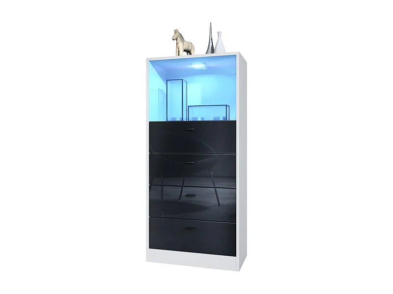Cassettiera Pino V3, Credenza con 4 cassetti e 1 vano a giorno, bianco opaco/nero lucido con LED RGB (56 x 125 x 36 cm)