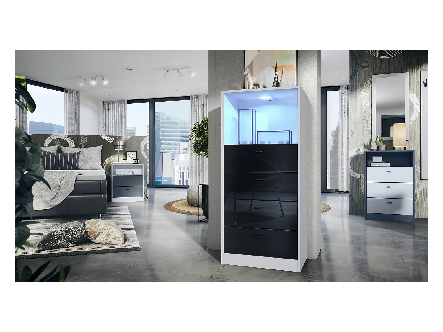 Commode Buffet Pino V3, avec 4 tiroirs & 1 compartiment ouvert, Anthracite mat/Noir haute brillance avec éclairage LED RVB (56 x 125 x 36 cm)