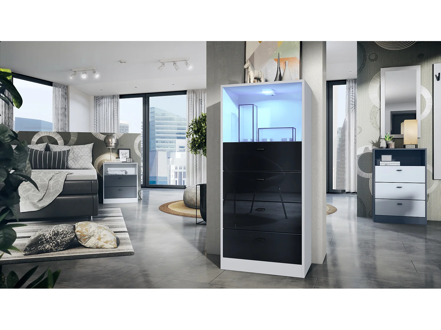 Commode Buffet Pino V3, avec 4 tiroirs & 1 compartiment ouvert, Anthracite mat/Noir haute brillance avec éclairage LED RVB (56 x 125 x 36 cm)