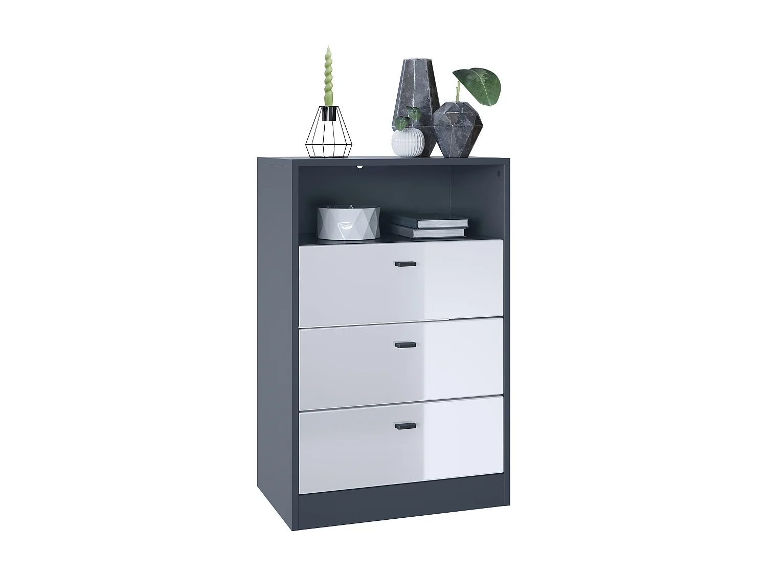 Commode Buffet Pino V2, avec 3 tiroirs & 1 compartiment ouvert, Anthracite mat /Blanc haute brillance sans LED (56 x 86,5 x 36 cm)