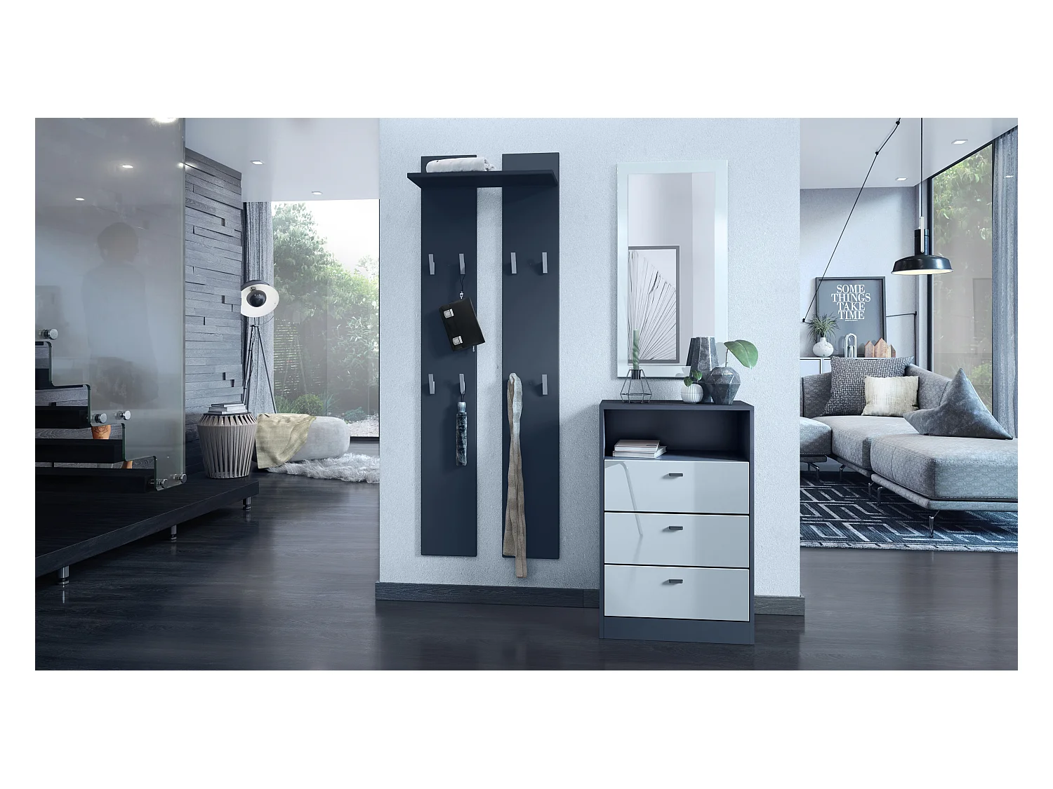 Commode Buffet Pino V2, avec 3 tiroirs & 1 compartiment ouvert, Anthracite mat /Blanc haute brillance sans LED (56 x 86,5 x 36 cm)