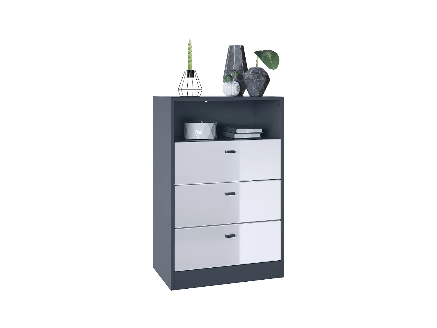Commode Buffet Pino V2, avec 3 tiroirs & 1 compartiment ouvert, Anthracite mat /Blanc haute brillance sans LED (56 x 86,5 x 36 cm)