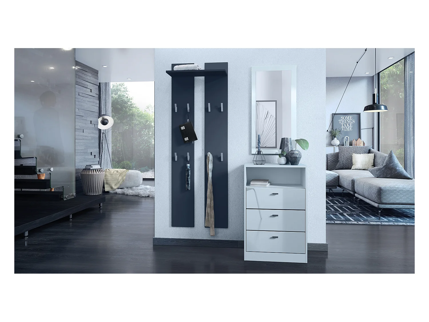 Ensemble de vestiaires Pino V2, 2 Panneaux muraux 140 cm et buffet avec 2 tiroirs & 1 compartiment ouvert, blanc mat/Blanc brillant (56 x 67,5 x 36 cm)