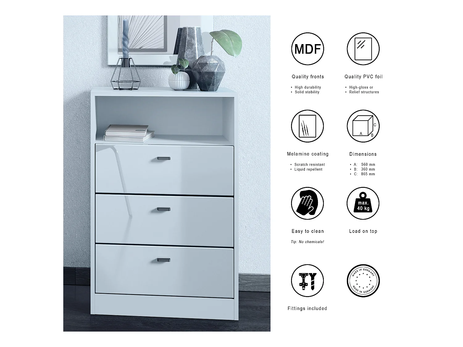 Ensemble de vestiaires Pino V2, 2 Panneaux muraux 140 cm et buffet avec 2 tiroirs & 1 compartiment ouvert, blanc mat/Blanc brillant (56 x 67,5 x 36 cm)