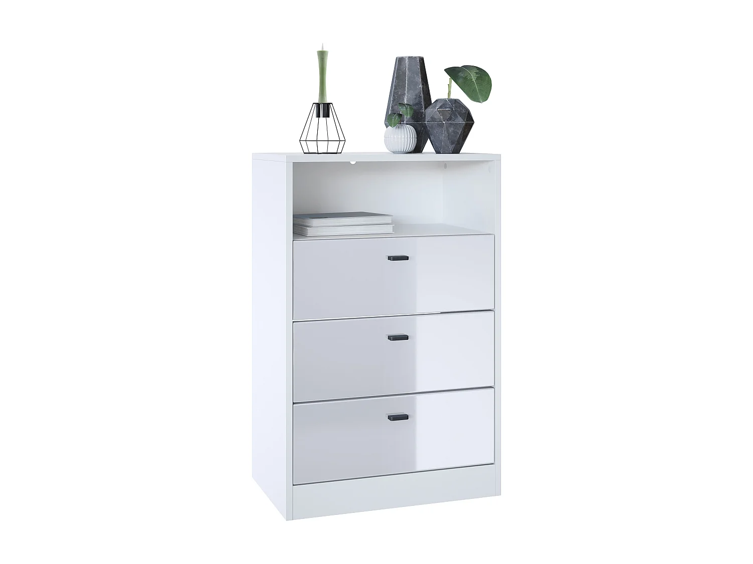 Ensemble de vestiaires Pino V2, 2 Panneaux muraux 140 cm et buffet avec 2 tiroirs & 1 compartiment ouvert, blanc mat/Blanc brillant (56 x 67,5 x 36 cm)