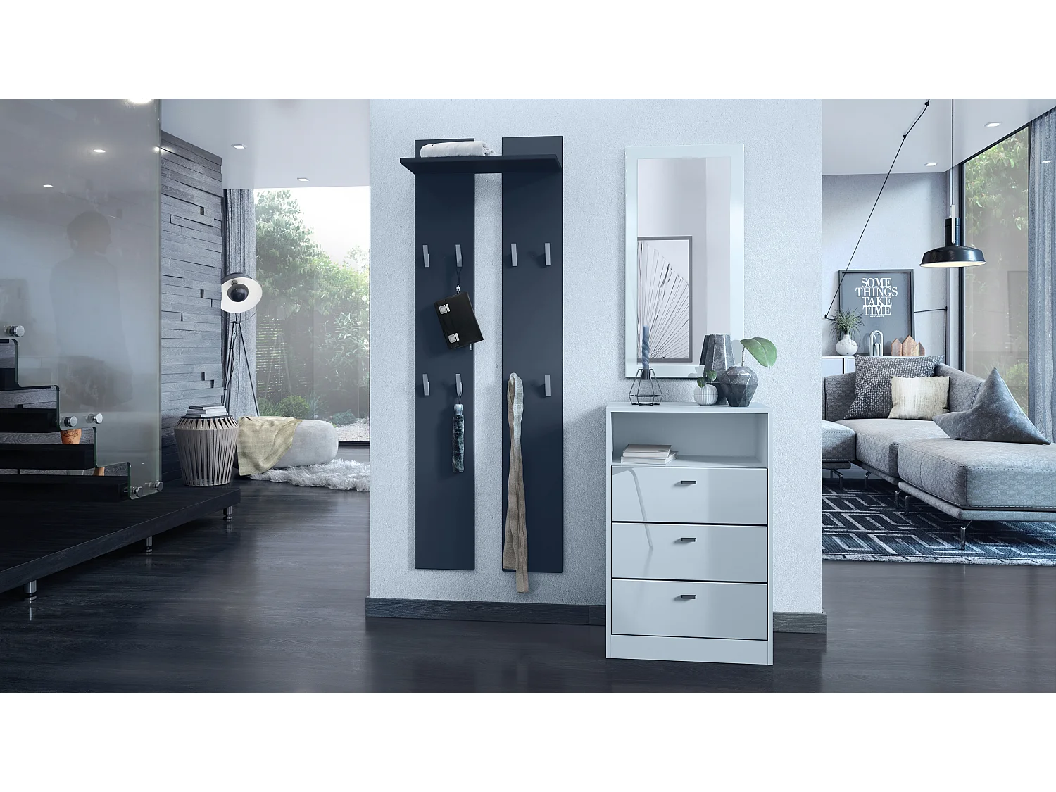 Ensemble de vestiaires Pino V2, 2 Panneaux muraux 140 cm et buffet avec 2 tiroirs & 1 compartiment ouvert, blanc mat/Blanc brillant (56 x 67,5 x 36 cm)
