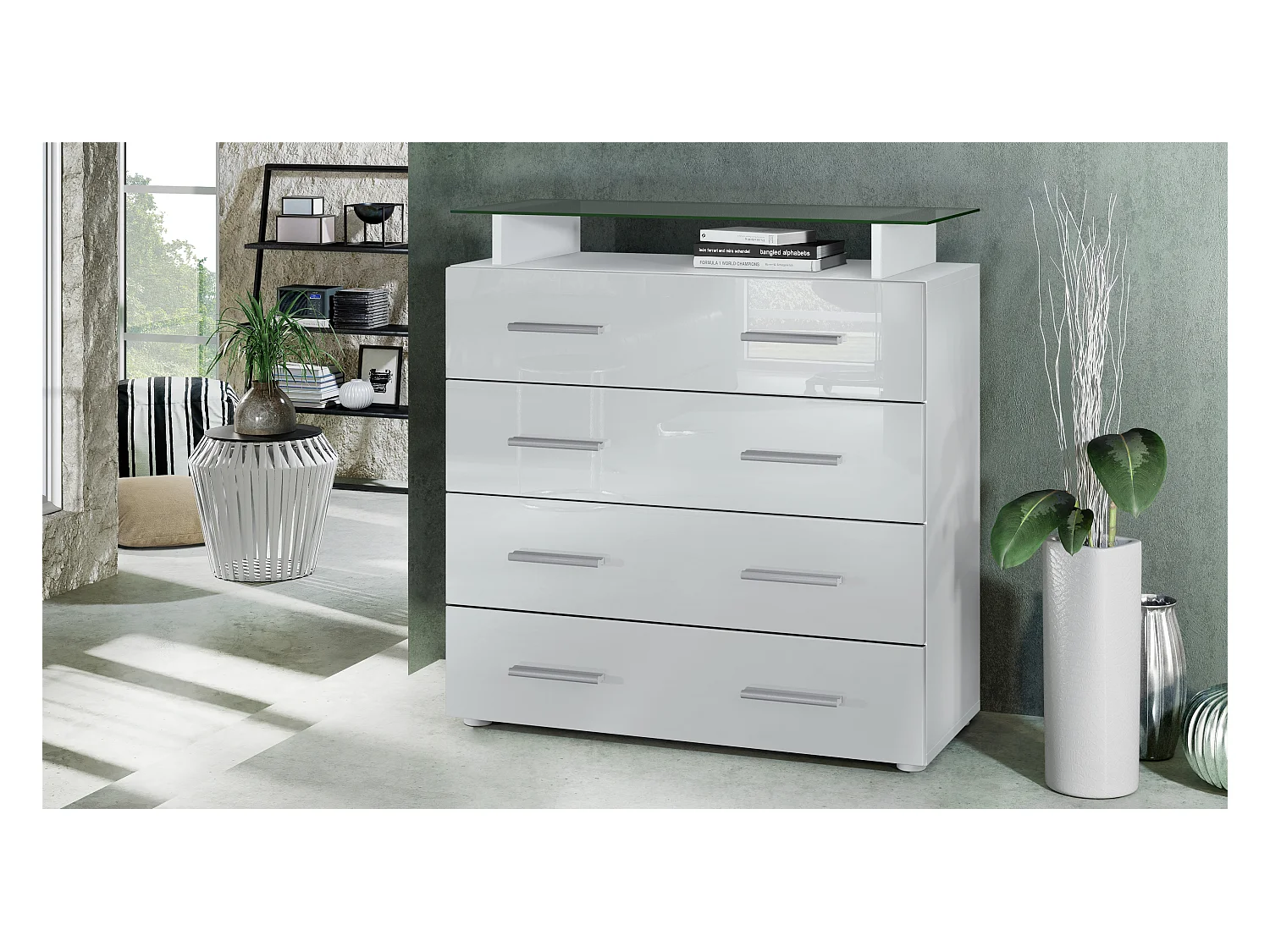 Buffet Pavos V2, Commode avec 4 tiroirs et mini-étagère en verre, blanc mat/blanc haute brillance (76 x 81 x 35 cm)