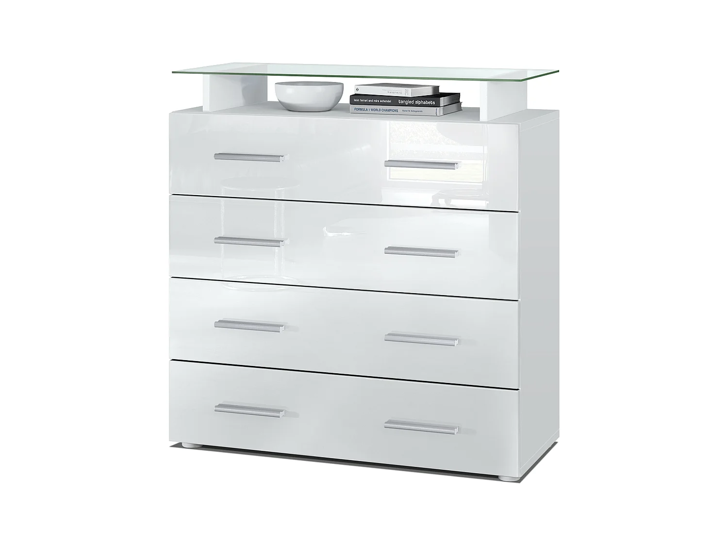 Buffet Pavos V2, Commode avec 4 tiroirs et mini-étagère en verre, blanc mat/blanc haute brillance (76 x 81 x 35 cm)