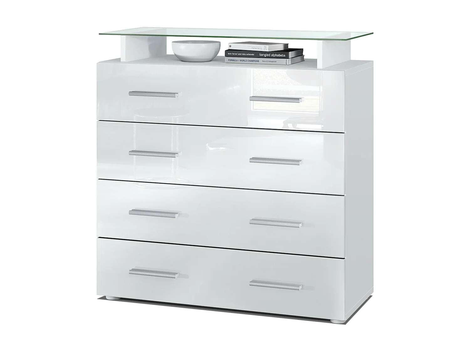 Buffet Pavos V2, Commode avec 4 tiroirs et mini-étagère en verre, blanc mat/blanc haute brillance (76 x 81 x 35 cm)