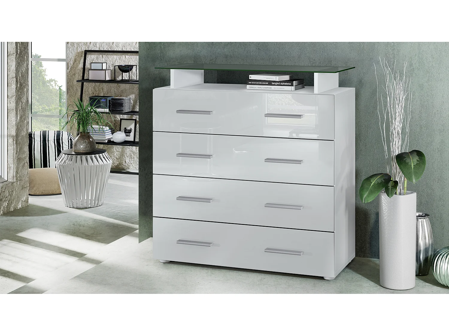 Buffet Pavos V2, Commode avec 4 tiroirs et mini-étagère en verre, blanc mat/blanc haute brillance (76 x 81 x 35 cm)