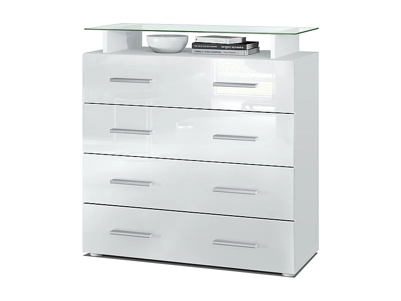 Buffet Pavos V2, Commode avec 4 tiroirs et mini-étagère en verre, blanc mat/blanc haute brillance (76 x 81 x 35 cm)