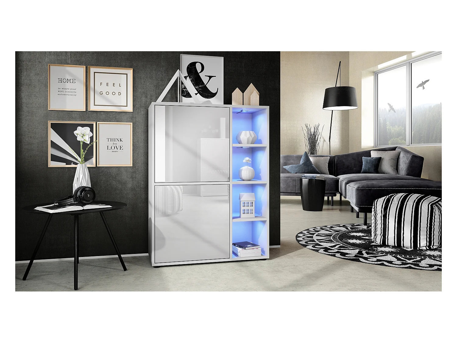 Buffet haut Cuba avec 8 compartiments, caisson en blanc mat / Façades en Blanc laqué haute brillance avec éclairage LED RGB