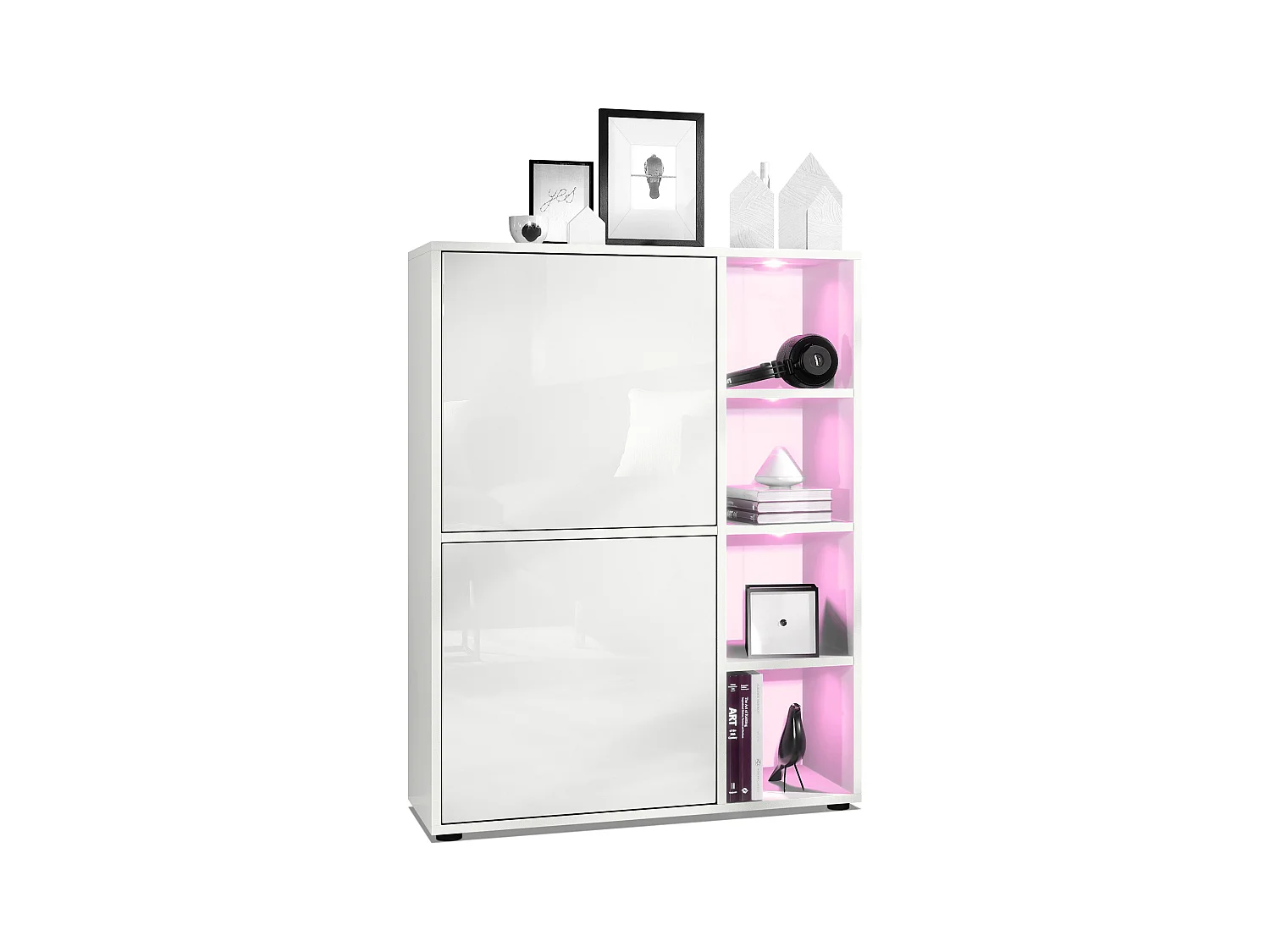 Buffet haut Cuba avec 8 compartiments, caisson en blanc mat / Façades en Blanc laqué haute brillance avec éclairage LED RGB