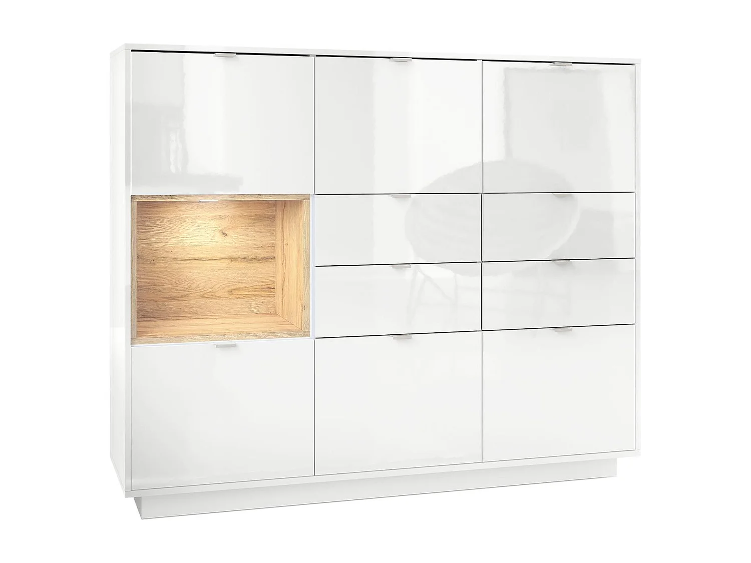 Buffet haut Armoire Metro V2, Corps en Blanc haute brillance / Façades en Blanc haute brillance avec une insertion en Chêne Nature, incl. L'éclairage LED