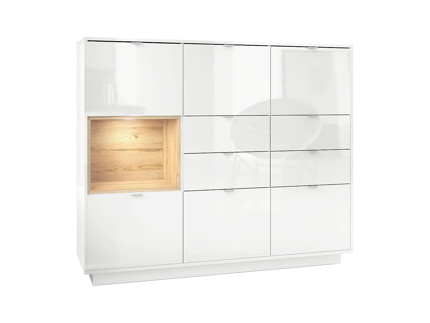 Buffet haut Armoire Metro V2, Corps en Blanc haute brillance / Façades en Blanc haute brillance avec une insertion en Chêne Nature, incl. L'éclairage LED