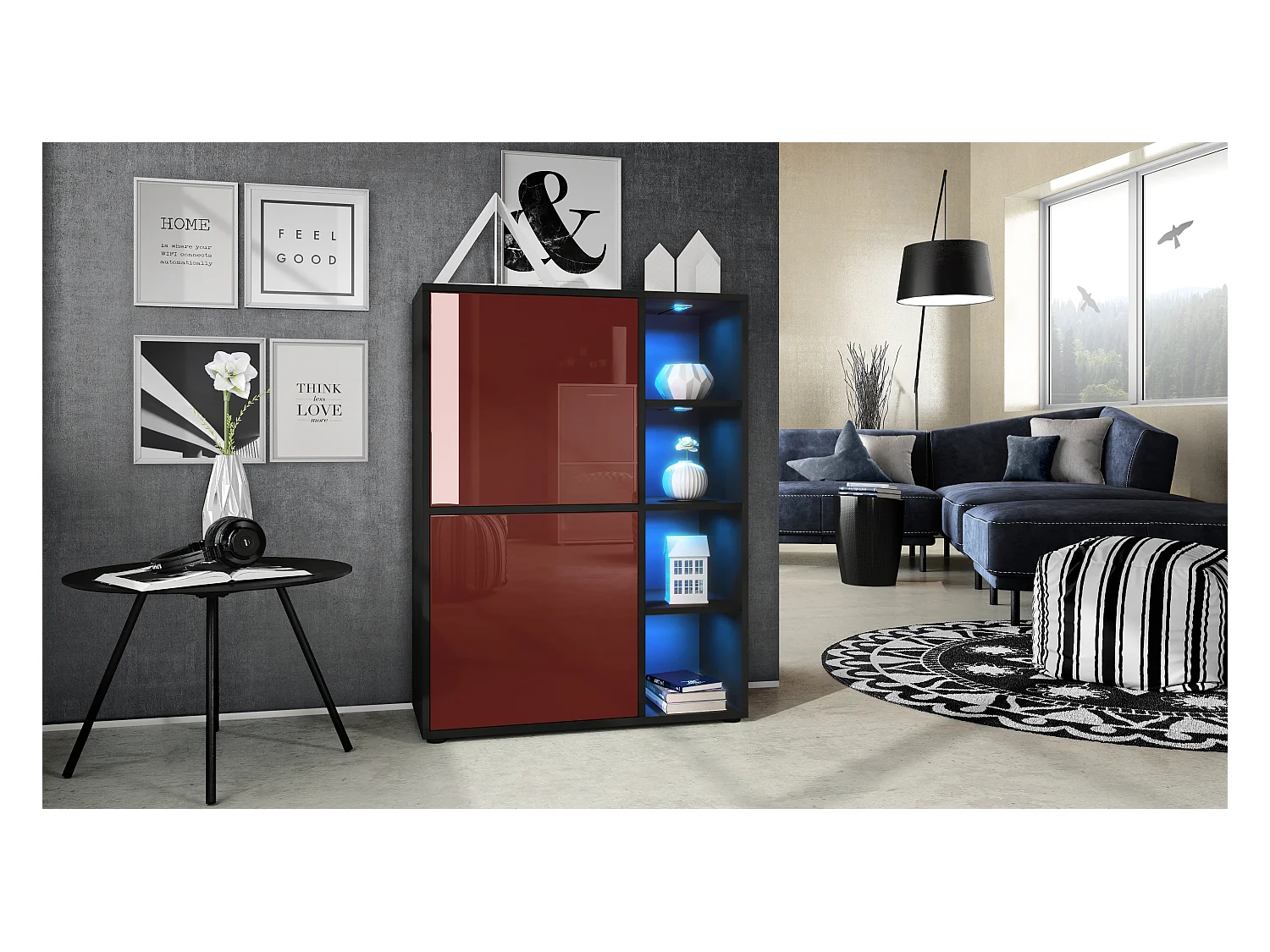 Buffet haut Cuba avec 8 compartiments, caisson en noir mat / Façades en Bordeaux laqué haute brillance avec éclairage LED RGB