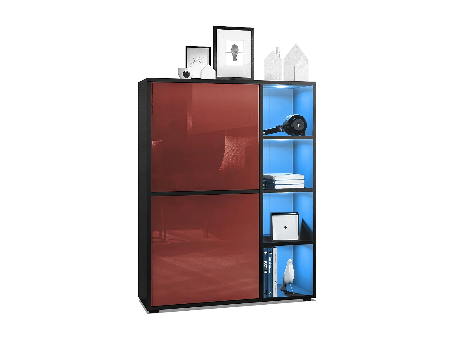 Buffet haut Cuba avec 8 compartiments, caisson en noir mat / Façades en Bordeaux laqué haute brillance avec éclairage LED RGB