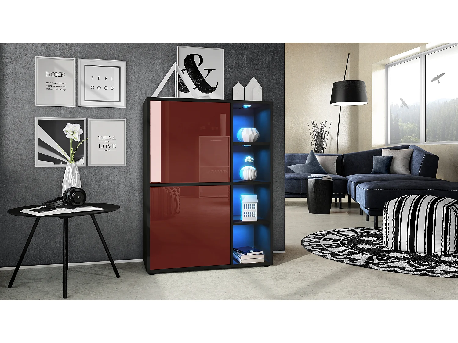 Buffet haut Cuba avec 8 compartiments, caisson en noir mat / Façades en Bordeaux laqué haute brillance avec éclairage LED RGB