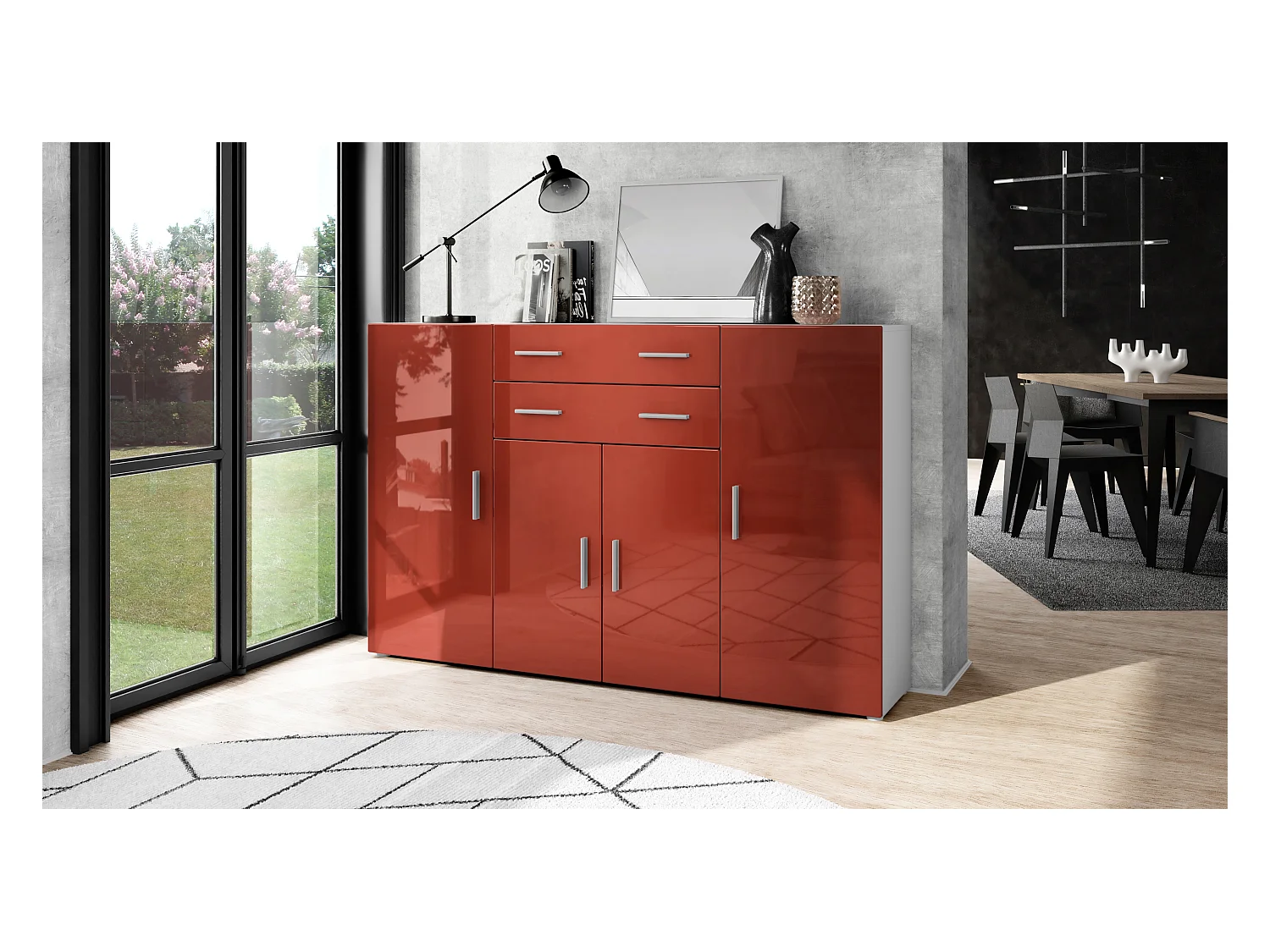 Le Buffet Haut Aron bahut avec 2 tiroirs et 4 portes avec un total de 8 compartiments derrière, blanc mat/bordeaux haute brillance (166,5 x 106,5 x 35 cm)