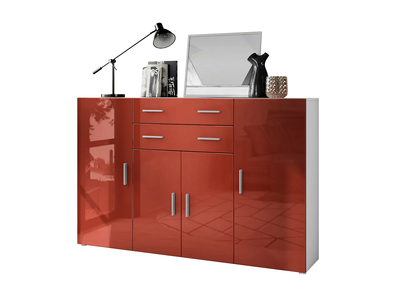 Highboard Aron Sideboard with 2 drawers and 4 doors with a total of 8 compartments behind, bianco opaco/bordeaux lucido (166.5 x 106.5 x 35 cm)