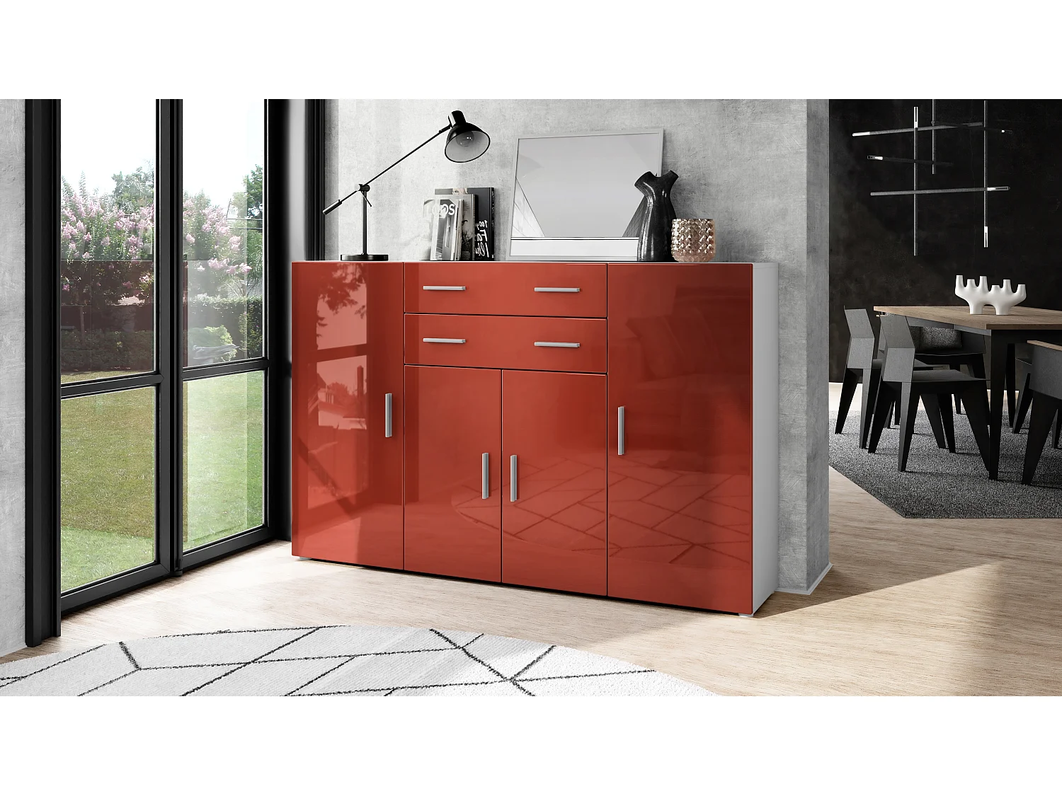 Highboard Aron Sideboard with 2 drawers and 4 doors with a total of 8 compartments behind, bianco opaco/bordeaux lucido (166.5 x 106.5 x 35 cm)