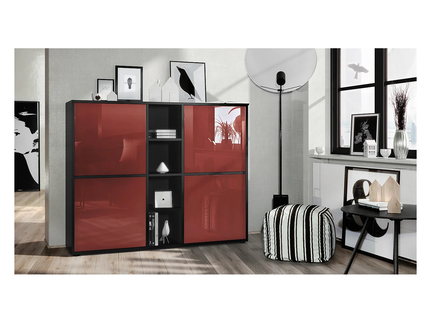 Highboard Cuba V3, noir mat/bordeaux haute brillance - Buffet moderne à 12 compartiments (130,5 x 105,5 x 35,5 cm)