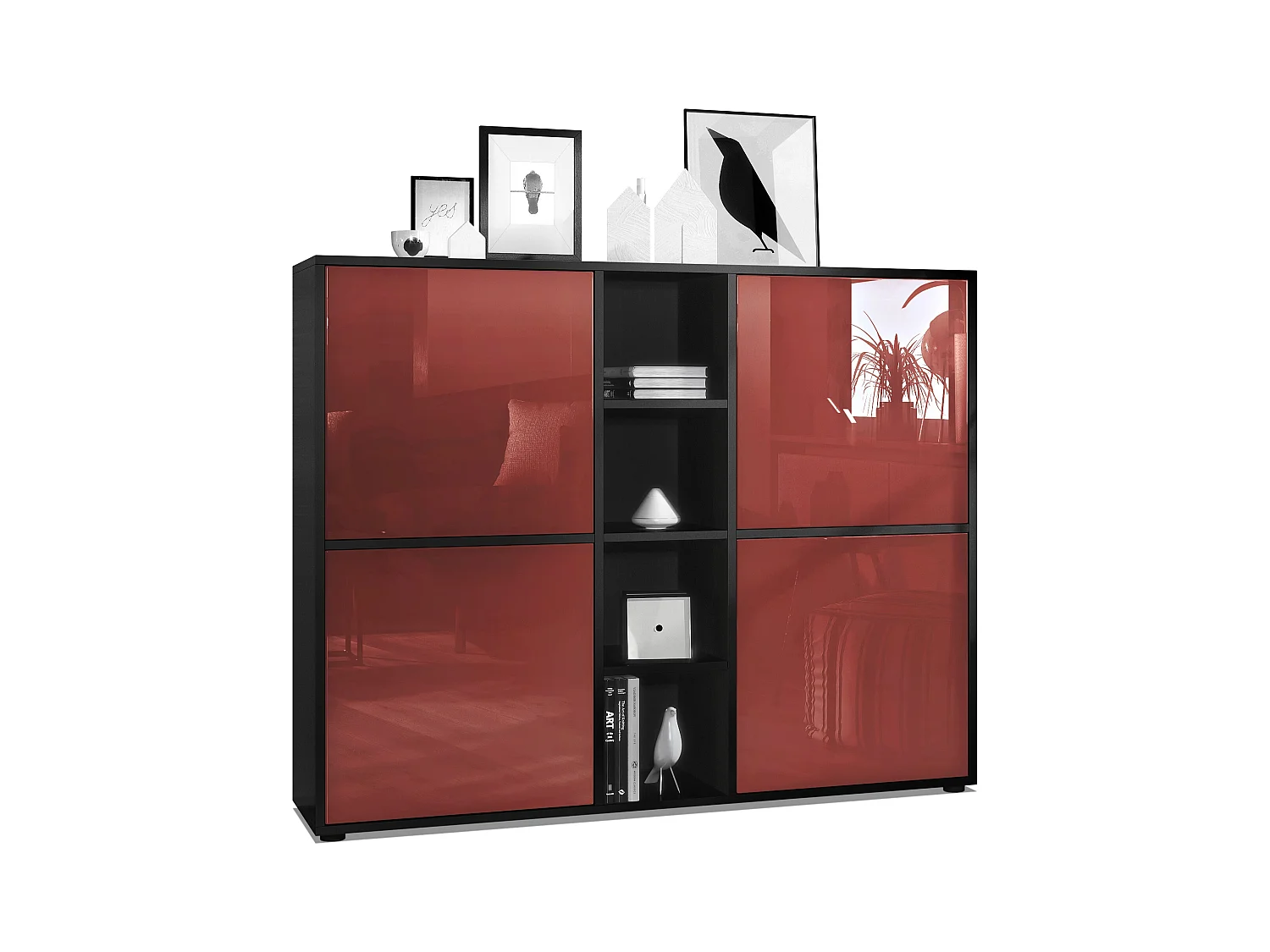 Highboard Cuba V3, noir mat/bordeaux haute brillance - Buffet moderne à 12 compartiments (130,5 x 105,5 x 35,5 cm)