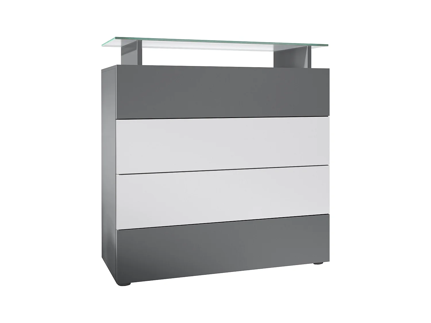 Buffet Pavos V2, Commode avec 4 tiroirs et mini-étagère en verre, anthracite mat/blanc mat (76 x 81 x 35 cm)