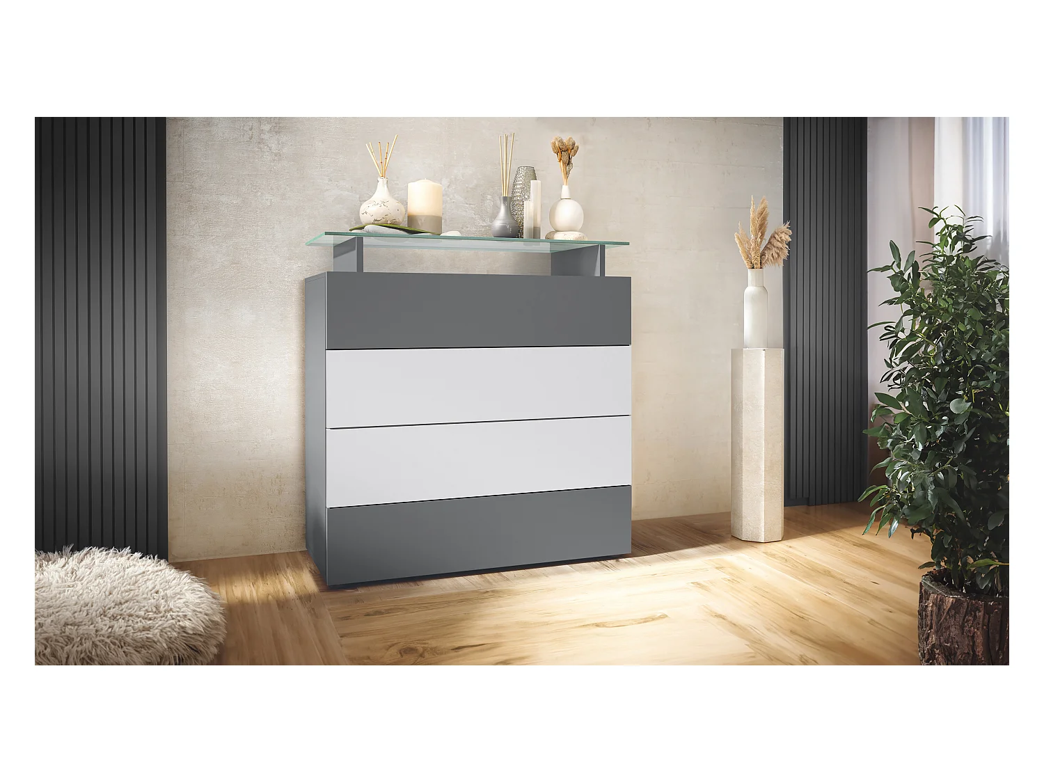 Buffet Pavos V2, Commode avec 4 tiroirs et mini-étagère en verre, anthracite mat/blanc mat (76 x 81 x 35 cm)