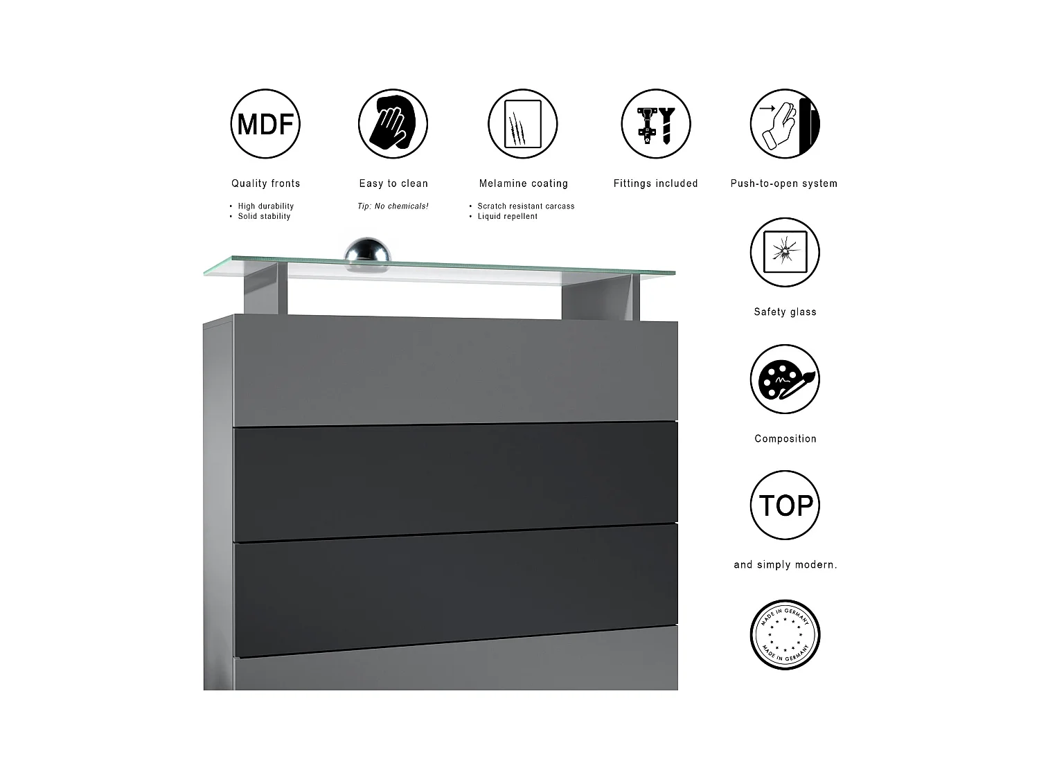 Buffet Pavos V2, Commode avec 4 tiroirs et mini-étagère en verre, anthracite mat/blanc mat (76 x 81 x 35 cm)