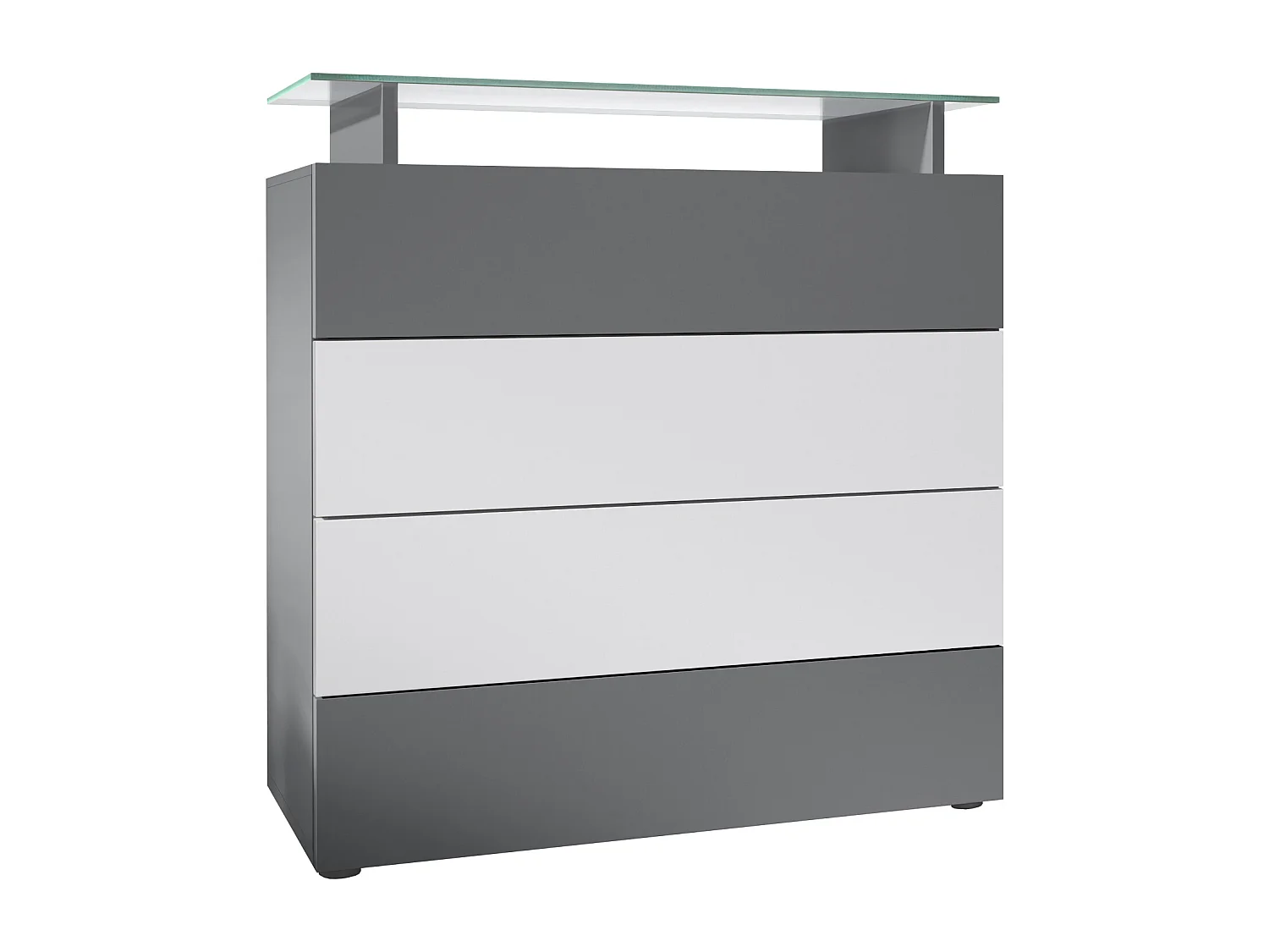 Buffet Pavos V2, Commode avec 4 tiroirs et mini-étagère en verre, anthracite mat/blanc mat (76 x 81 x 35 cm)