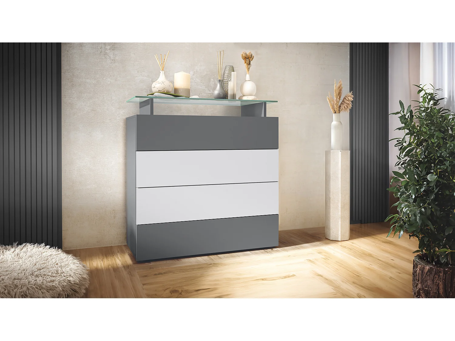 Buffet Pavos V2, Commode avec 4 tiroirs et mini-étagère en verre, anthracite mat/blanc mat (76 x 81 x 35 cm)