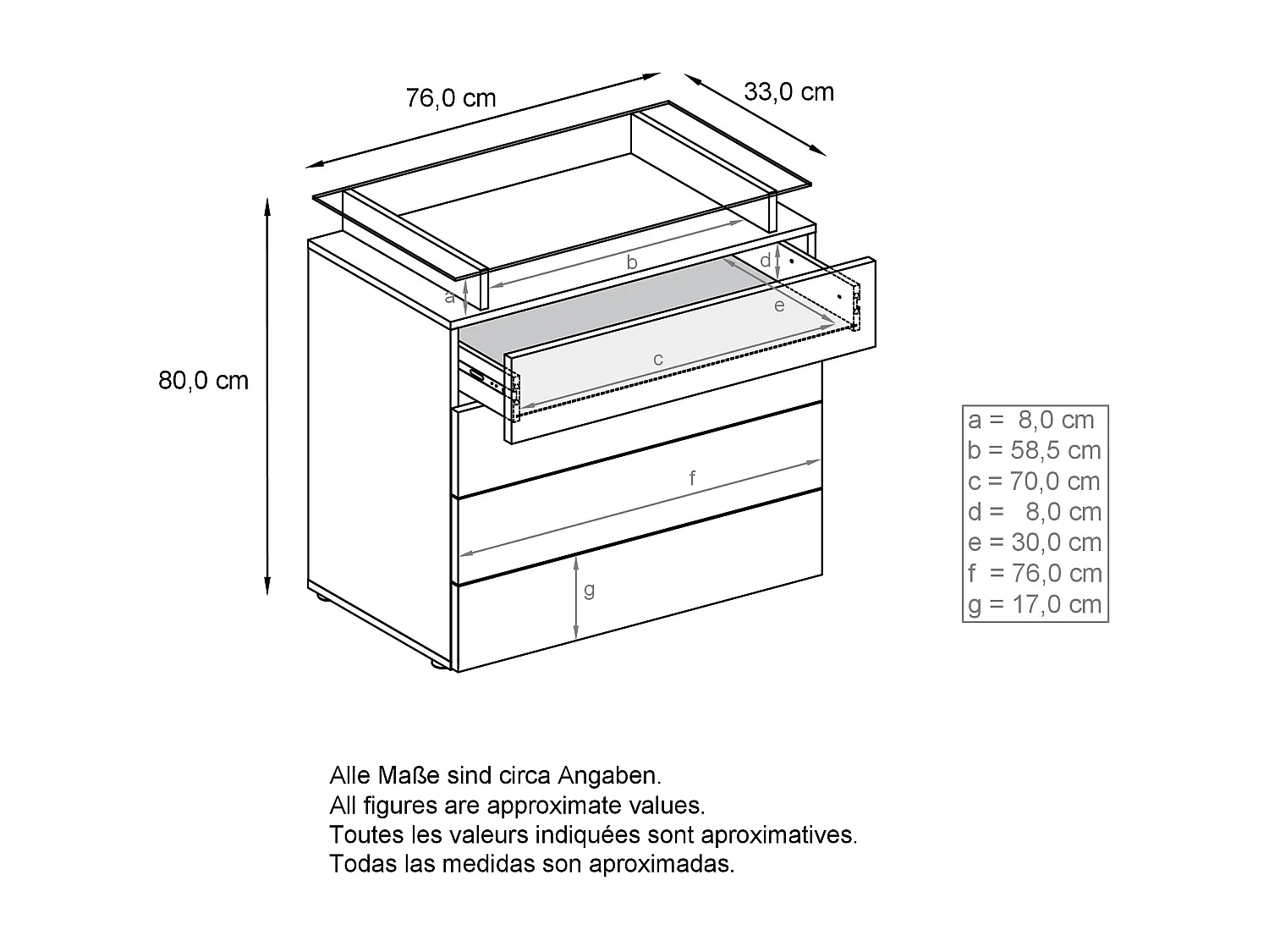 Buffet Pavos V2, Commode avec 4 tiroirs et mini-étagère en verre, anthracite mat/blanc mat (76 x 81 x 35 cm)