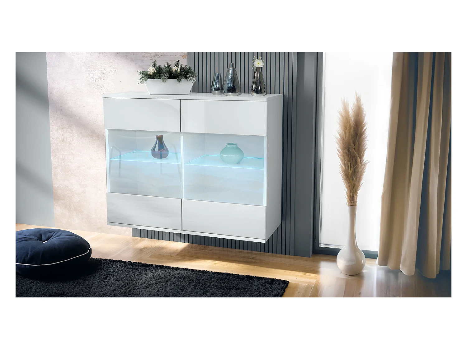 Commode Bari V3, Armoire de cuisine moderne avec 2 grandes portes vitrées incl. éclairage RGB blanc mat / blanc haute brillance (92,5 x 73.5 x 35)