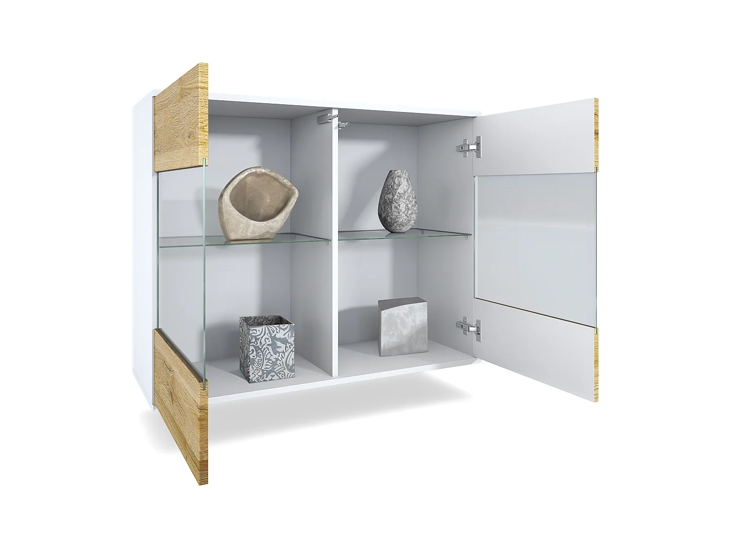 Commode Bari V3, Armoire de cuisine moderne avec 2 grandes portes vitrées incl. éclairage RGB blanc mat / blanc haute brillance (92,5 x 73.5 x 35)