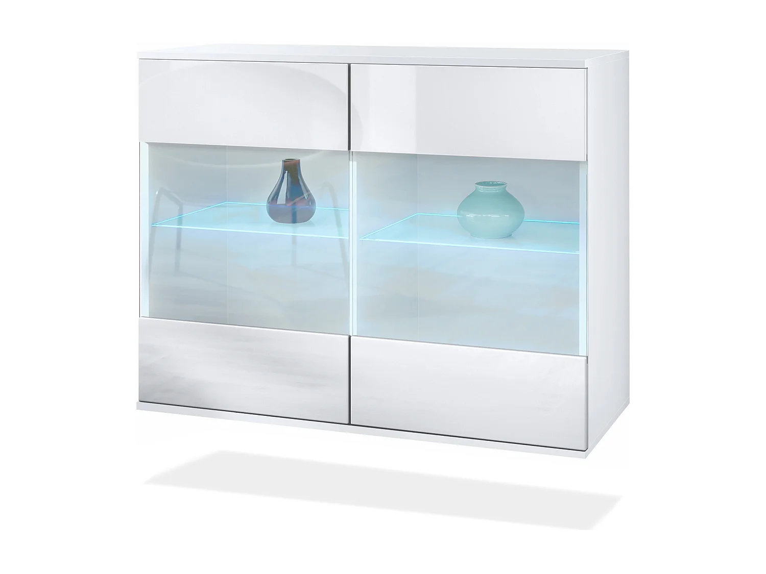 Cassettiera Bari V3, Mobile da cucina moderno con 2 grandi ante in vetro incl. illuminazione RGB bianco opaco / bianco lucido (92,5 x 73.5 x 35)