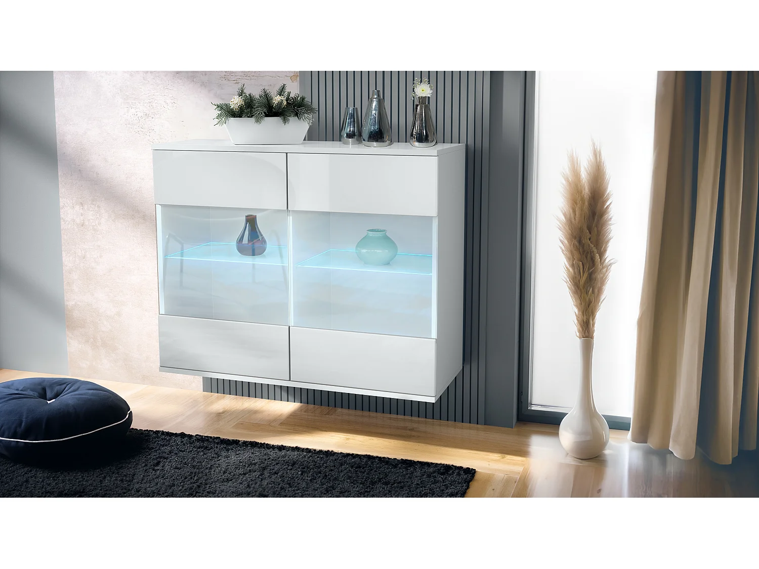 Cassettiera Bari V3, Mobile da cucina moderno con 2 grandi ante in vetro incl. illuminazione RGB bianco opaco / bianco lucido (92,5 x 73.5 x 35)