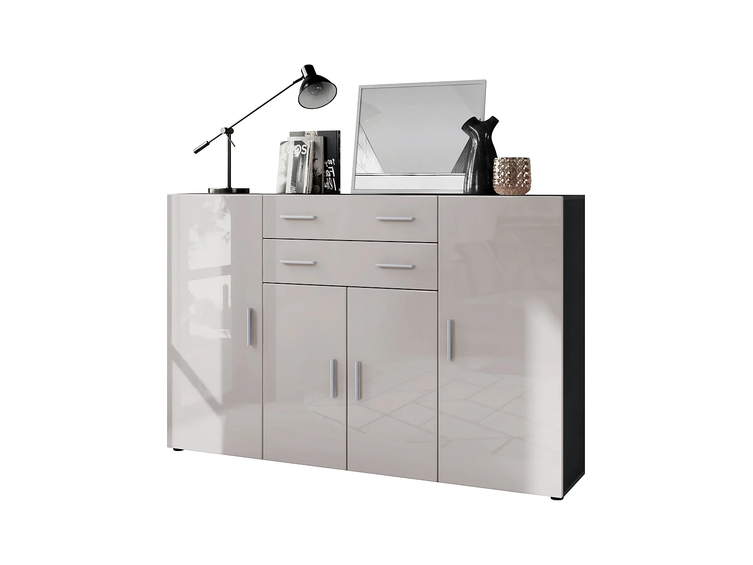 Le Buffet Haut Aron bahut avec 2 tiroirs et 4 portes avec un total de 8 compartiments derrière, anthracite mat/gris sable haute brillance (166,5 x 106,5 x 35 cm)