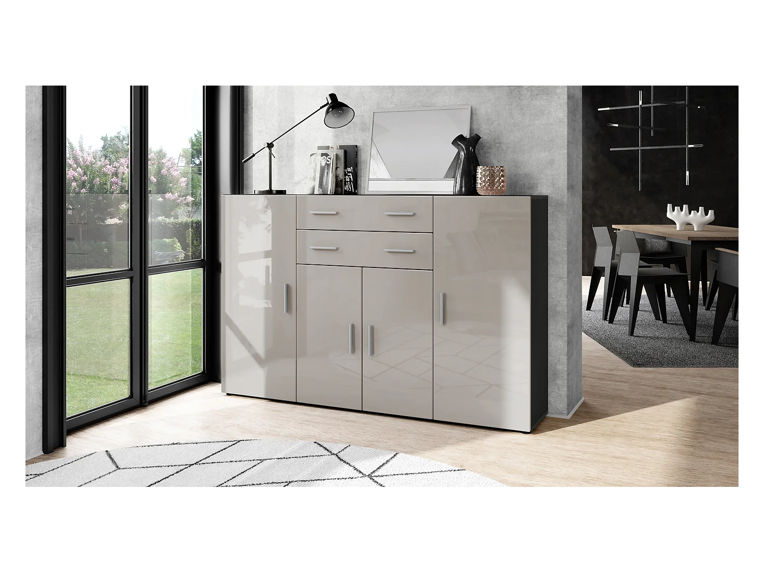 Le Buffet Haut Aron bahut avec 2 tiroirs et 4 portes avec un total de 8 compartiments derrière, anthracite mat/gris sable haute brillance (166,5 x 106,5 x 35 cm)