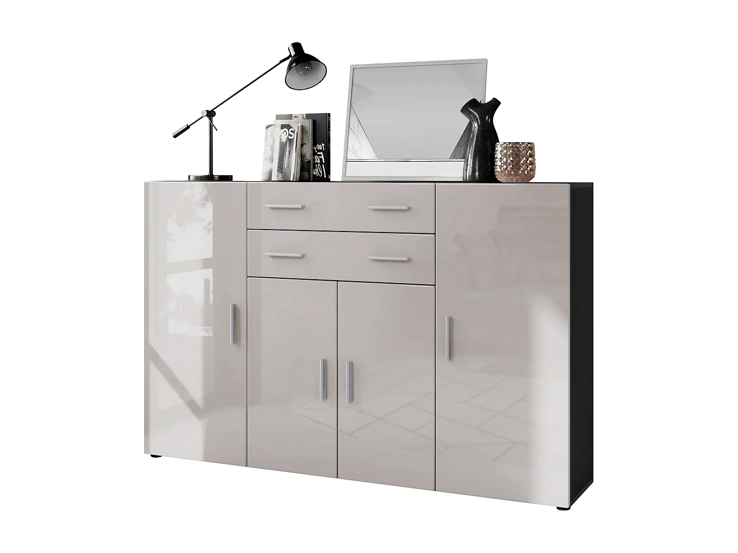Highboard Aron Sideboard with 2 drawers and 4 doors with a total of 8 compartments behind, antracite opaco /grigio sabbia lucido (166.5 x 106.5 x 35 cm)