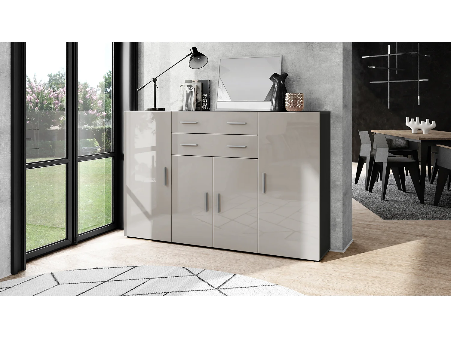 Highboard Aron Sideboard with 2 drawers and 4 doors with a total of 8 compartments behind, antracite opaco /grigio sabbia lucido (166.5 x 106.5 x 35 cm)