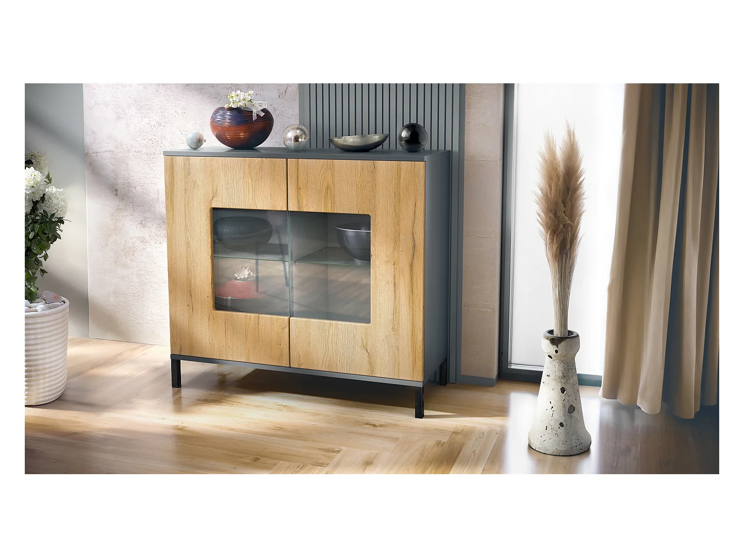 Commode Grömitz V3, Armoire de cuisine moderne avec 2 grandes portes vitrées anthracite mat / chêne nature (92,5 x 83.5 x 35)