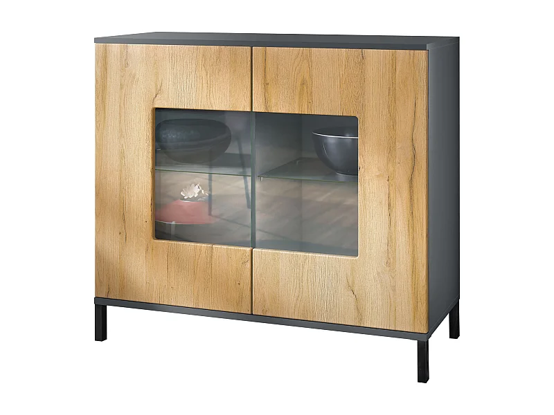 Commode Grömitz V3, Armoire de cuisine moderne avec 2 grandes portes vitrées anthracite mat / chêne nature (92,5 x 83.5 x 35)