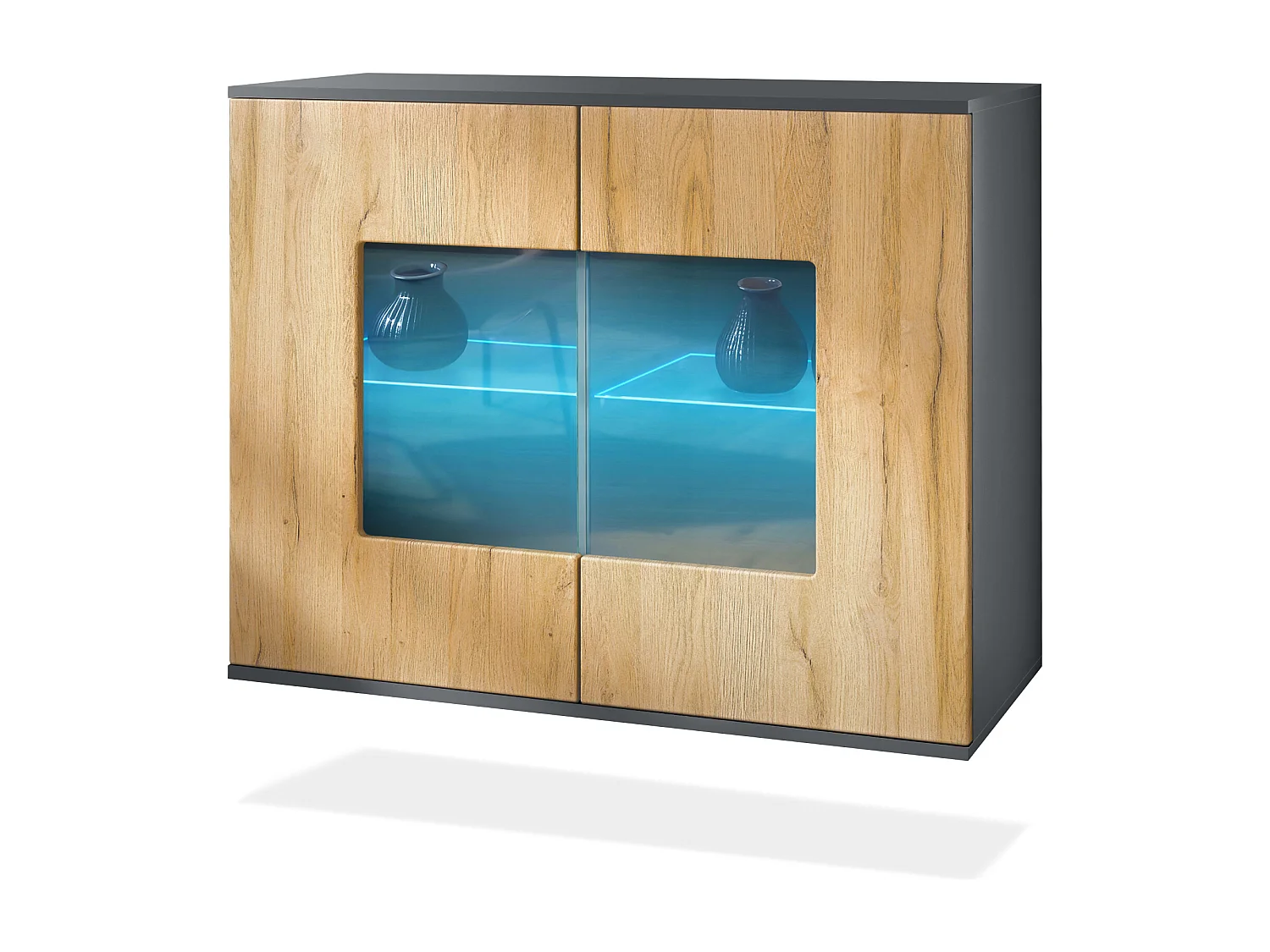 Commode Grömitz V3, Armoire de cuisine moderne avec 2 grandes portes vitrées incl. éclairage RGB anthracite mat / chêne nature (92,5 x 73.5 x 35)