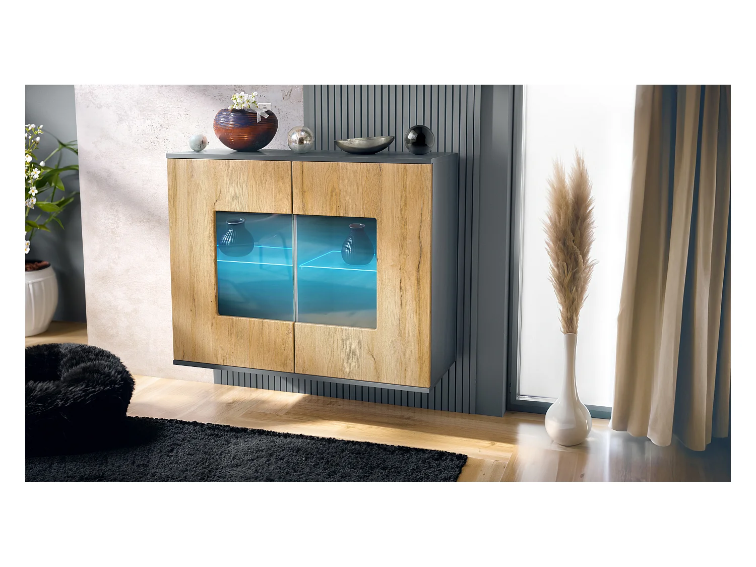 Commode Grömitz V3, Armoire de cuisine moderne avec 2 grandes portes vitrées incl. éclairage RGB anthracite mat / chêne nature (92,5 x 73.5 x 35)